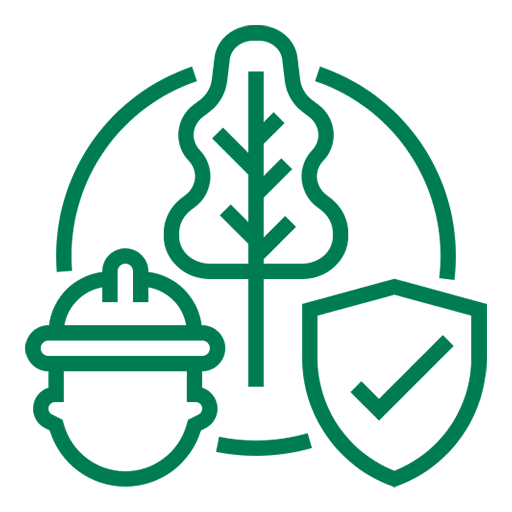 Environment icon: green tree, shield, and worker figure.