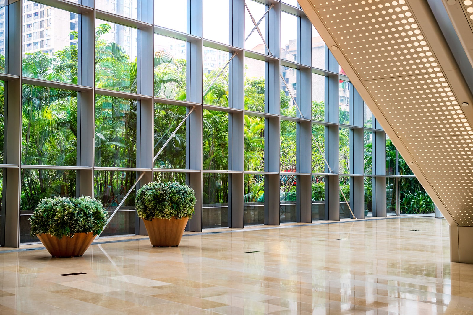 The inside of an office building with plants surrounding it